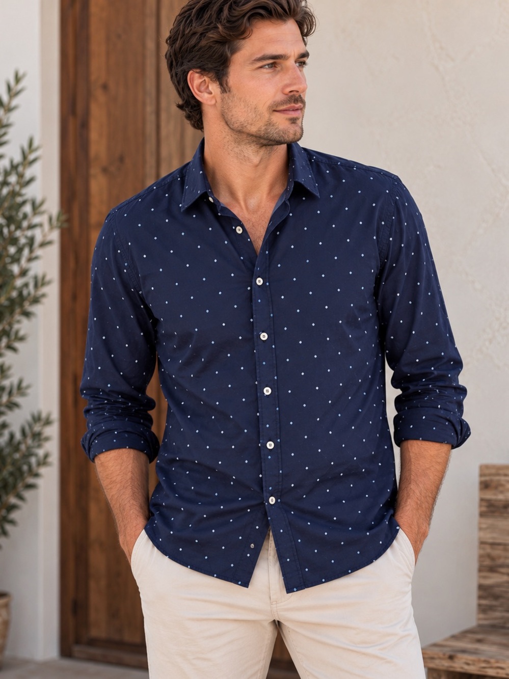 Massimo Dutti Navy Embroidered Dot Cotton Shirt